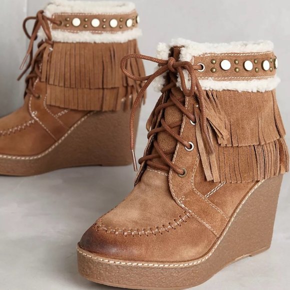Sam Edelman Kemper Shearling Lined Fringed Suede Wedge Boots - Picture 1 of 9